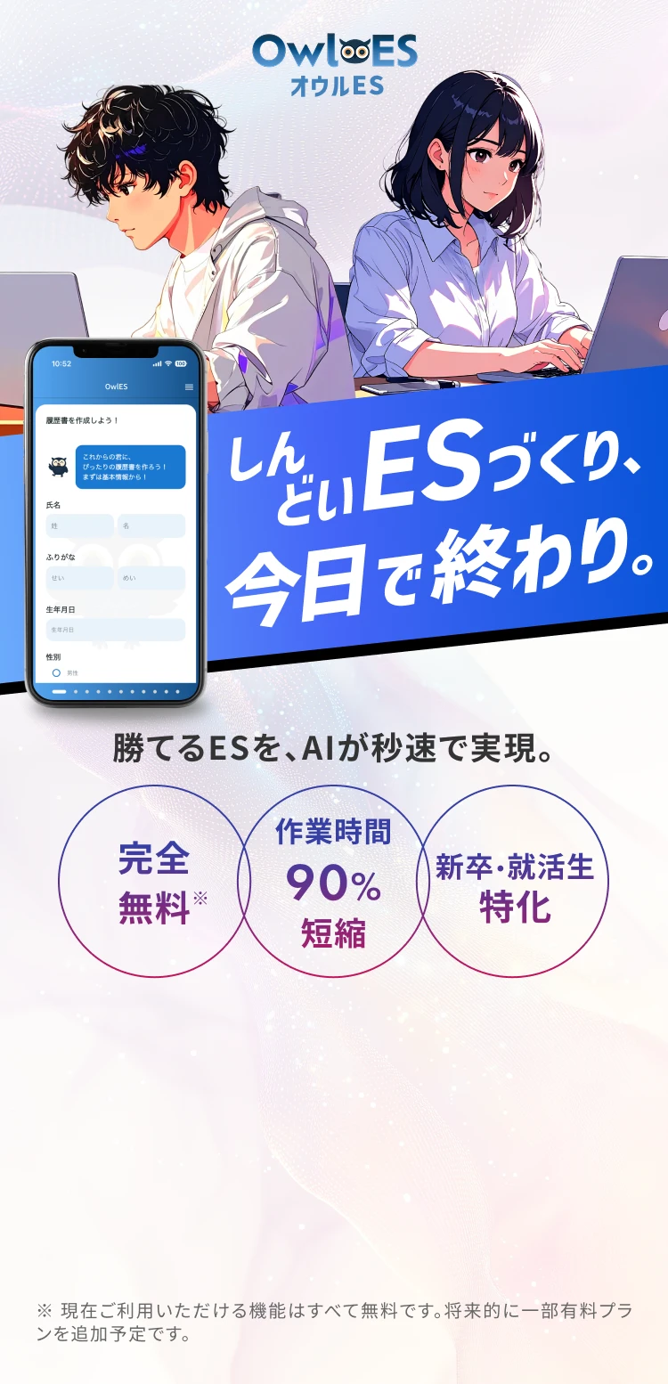 オウルアイ しんどい ES づくり、今日で終わり。勝てるESを、AIが秒速で実現。完全無料 ※ 作業時間90%短縮 新卒・就活生特化 ※ 現在ご利用いただける機能はすべて無料です。将来的に一部有料プランを追加予定です。